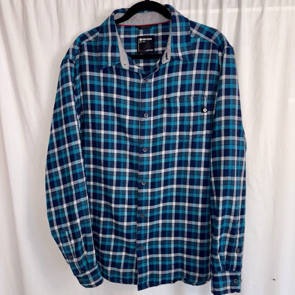 Marmot Fairfax Midweight Flannel Coolmax Blend Shirt Mens X-Large Navy Plaid EUC